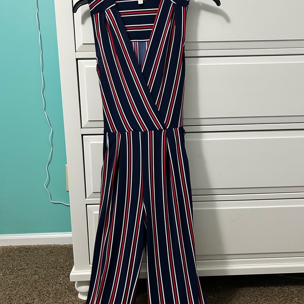 Monteau Navy Jumpsuit with Red and White Stripes